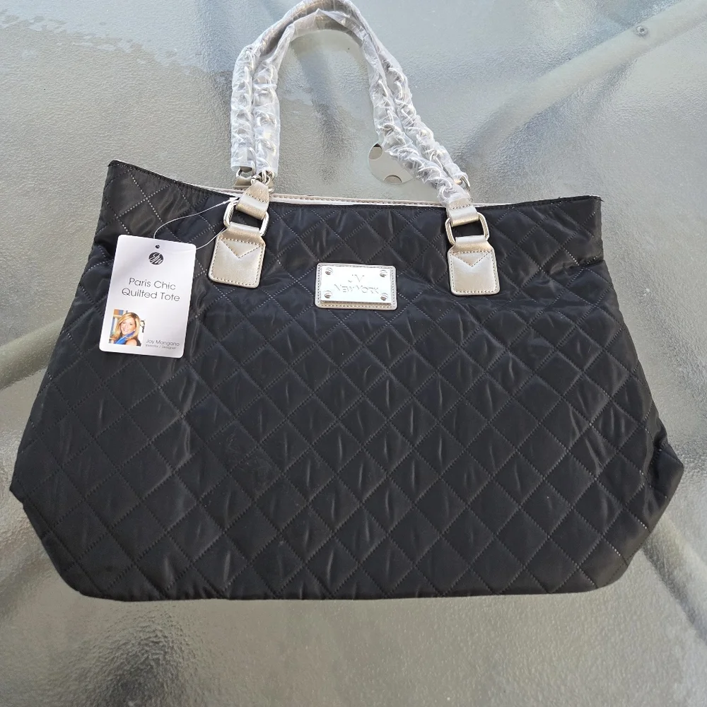 Joy Mangano Paris Chic Quilted Tote Bag Black/Silver NEW